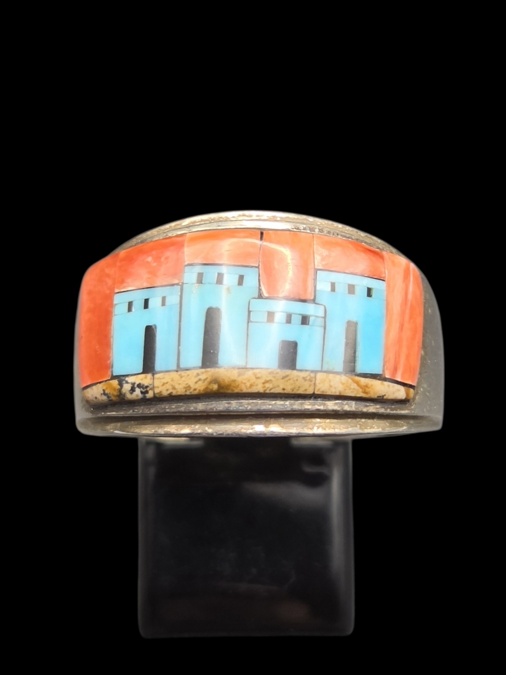 Turquoise and Coral Pueblo Inlay Village Motif Sterling Ring 11.75